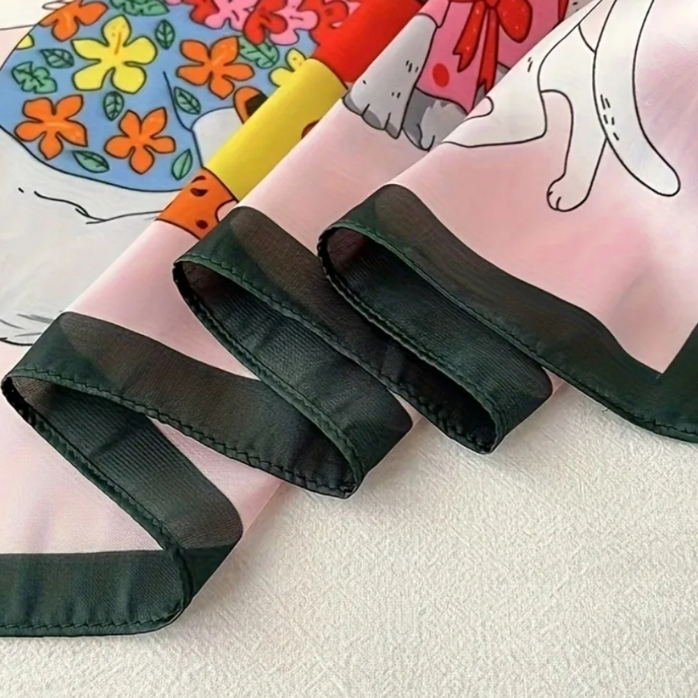 Playful Pink Cat Print Square Scarf with Dark Green Trim - Picture 3 of 4